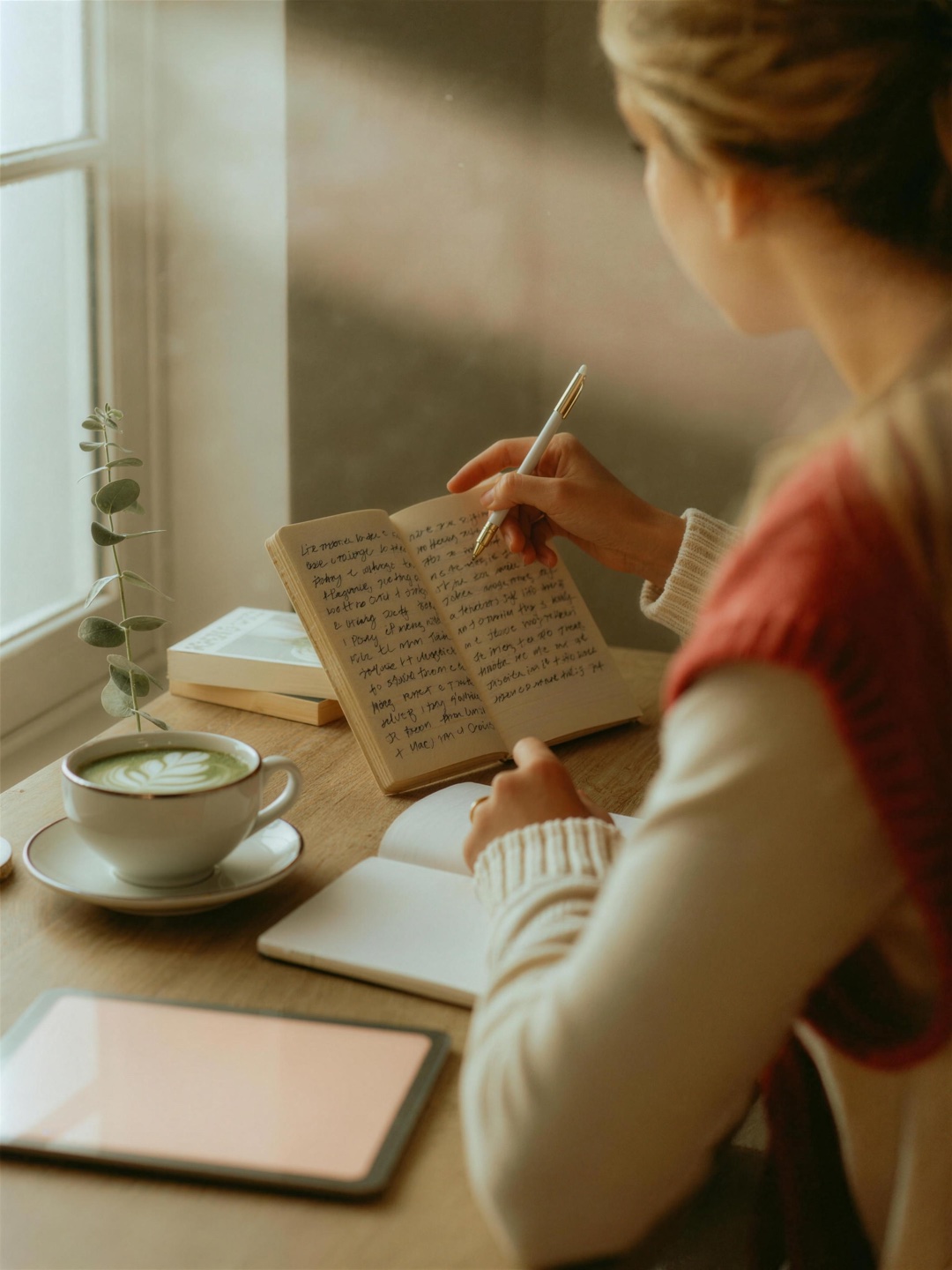 a calm student at her desk in soft morning light